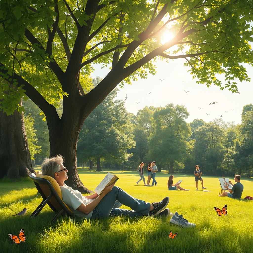 A serene and peaceful scene depicting a tranquil life without phones, featuring a person relaxing in a lush green park, reading a book under a large tree with sunlight filtering through the leaves