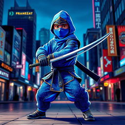 A vibrant blue ninja standing in a cool action pose, showcasing intricate pixelated patterns on its outfit, with a dynamic cityscape backdrop at night