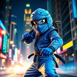 A vibrant blue ninja standing in a cool action pose, showcasing intricate pixelated patterns on its outfit, with a dynamic cityscape backdrop at night