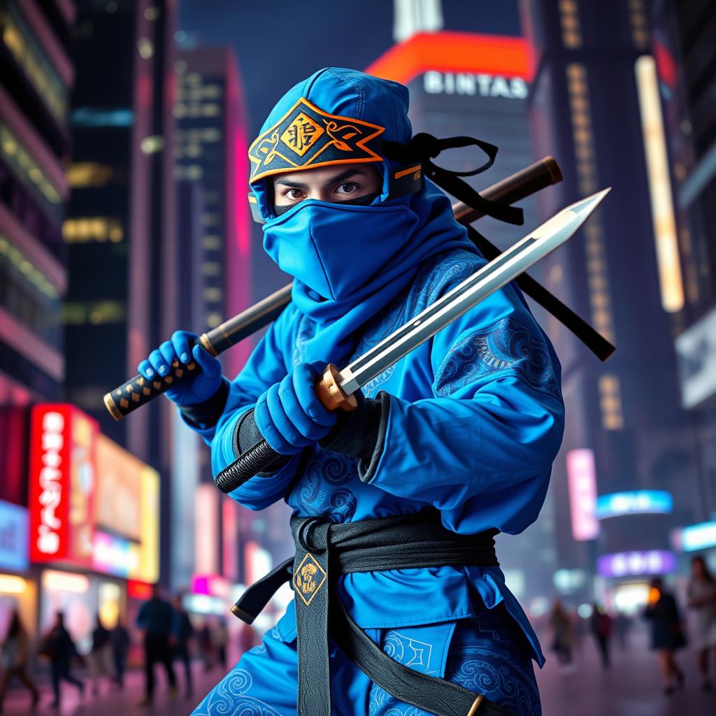 A vibrant blue ninja standing in a cool action pose, showcasing intricate pixelated patterns on its outfit, with a dynamic cityscape backdrop at night