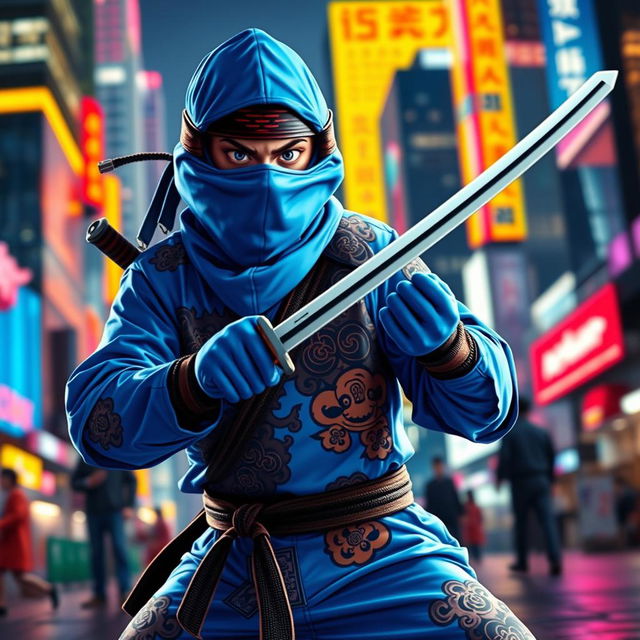 A vibrant blue ninja standing in a cool action pose, showcasing intricate pixelated patterns on its outfit, with a dynamic cityscape backdrop at night