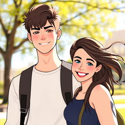 A tall and strong young man standing beside a pretty young woman