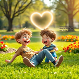 A playful scene in a vibrant park where two 9-year-old boys, Ben and Charlie, are engaged in fun activities