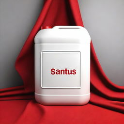 A high-quality digital art illustration of a white gallon container with the word 'Santus' embossed on it, placed on a vibrant red cloth