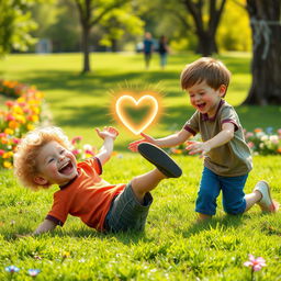 A playful scene in a vibrant park where two 9-year-old boys, Ben and Charlie, are engaged in fun activities
