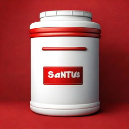 A high-quality digital art illustration of a white gallon container with the word 'Santus' embossed on it, placed on a vibrant red cloth