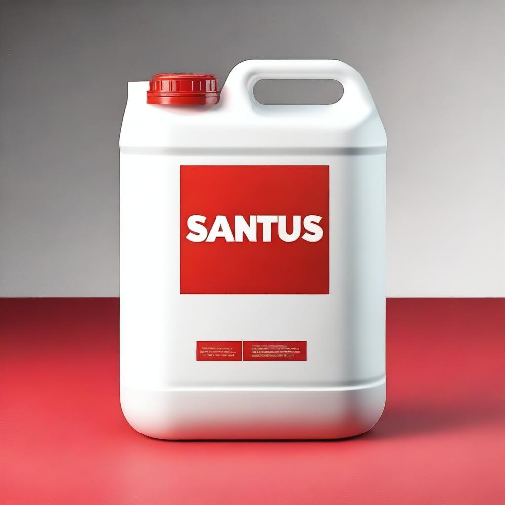 A high-quality digital art illustration of a white gallon container with the word 'Santus' embossed on it, placed on a vibrant red cloth