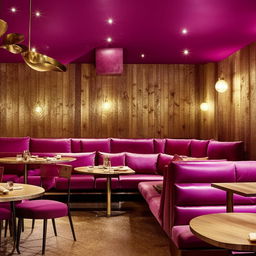 A fancy restaurant design boasting rich magenta sofas, rustic wooden tables, and luxurious golden details, embodying a perfect blend of comfort and opulence.