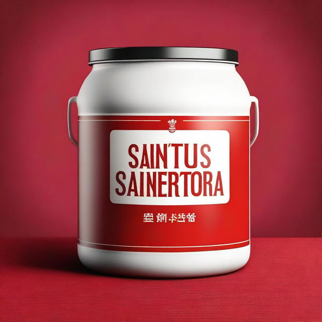 A high-quality digital art illustration of a white gallon container with the words 'Santus Sanetorias' embossed on it, placed on a vibrant red cloth