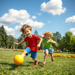 A cheerful scene depicting two 8-year-old boys, Ben and Charlie, playing together in a sunny park