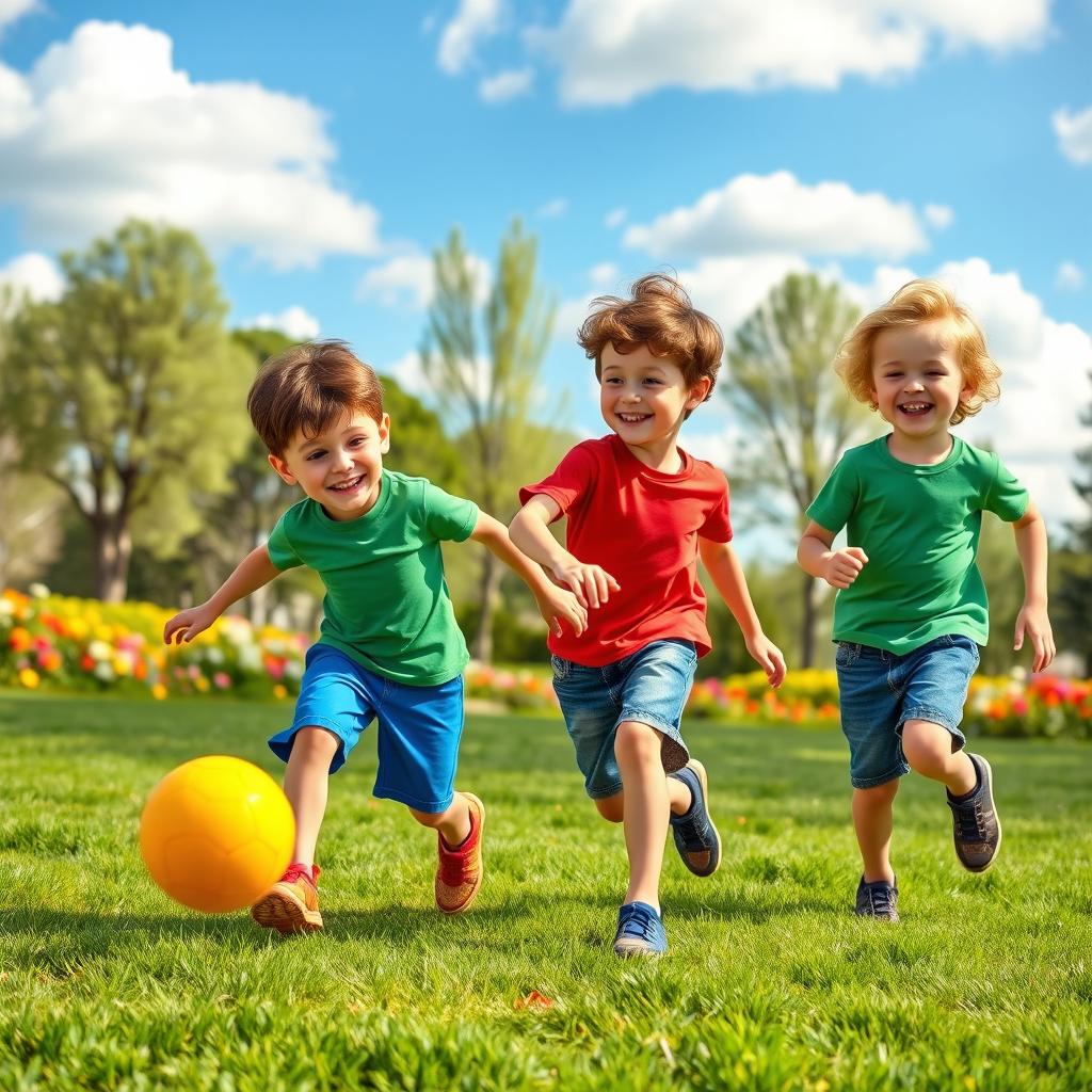 A cheerful scene depicting two 8-year-old boys, Ben and Charlie, playing together in a sunny park