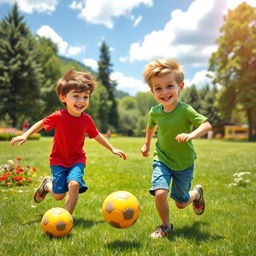 A cheerful scene depicting two 8-year-old boys, Ben and Charlie, playing together in a sunny park