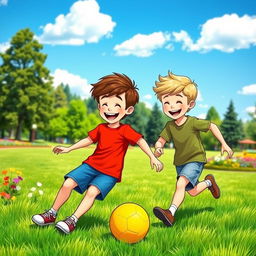A cheerful scene depicting two 8-year-old boys, Ben and Charlie, playing together in a sunny park