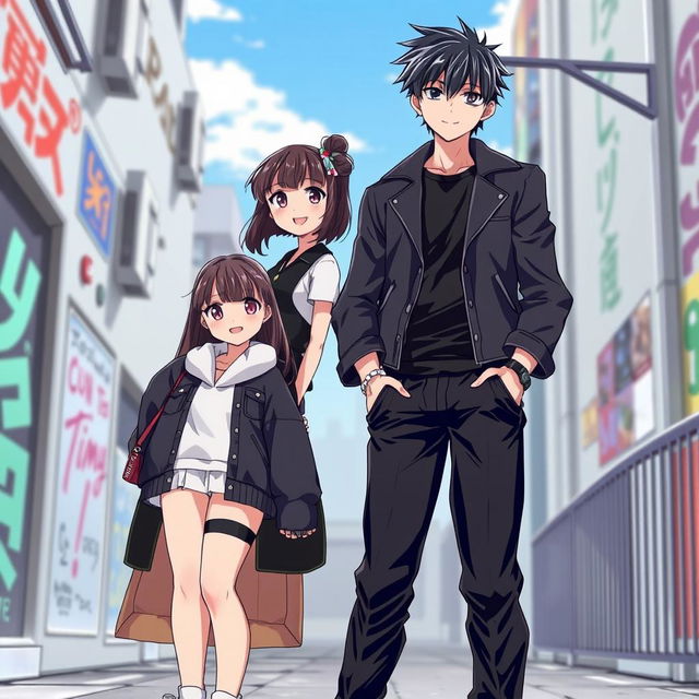 An anime-style illustration of a young man standing confidently like a gangster, sporting stylish bangs and dressed entirely in black including a sleek jacket and pants