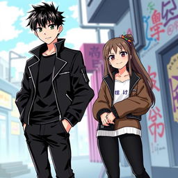 An anime-style illustration of a young man standing confidently like a gangster, sporting stylish bangs and dressed entirely in black including a sleek jacket and pants