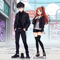 An anime-style illustration of a young man standing confidently like a gangster, sporting stylish bangs and dressed entirely in black including a sleek jacket and pants