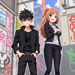 An anime-style illustration of a young man standing confidently like a gangster, sporting stylish bangs and dressed entirely in black including a sleek jacket and pants
