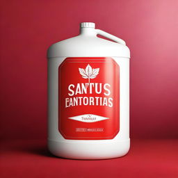 A high-quality digital art illustration of a white gallon container with the words 'Santus Sanetorias' embossed on it, placed on a vibrant red cloth