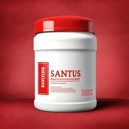 A high-quality digital art illustration of a white gallon container with the words 'Santus Sanetorias' embossed on it, placed on a vibrant red cloth