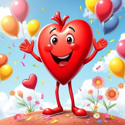A joyful character representing a personified heart, depicted as a large, vibrant red heart with arms and legs, standing cheerfully in a bright and colorful environment