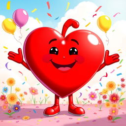 A joyful character representing a personified heart, depicted as a large, vibrant red heart with arms and legs, standing cheerfully in a bright and colorful environment