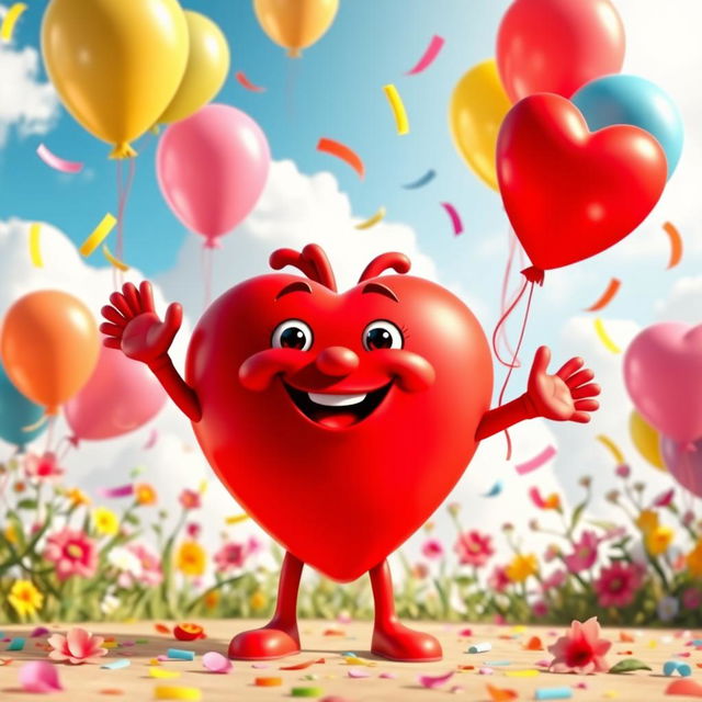 A joyful character representing a personified heart, depicted as a large, vibrant red heart with arms and legs, standing cheerfully in a bright and colorful environment