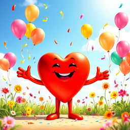 A joyful character representing a personified heart, depicted as a large, vibrant red heart with arms and legs, standing cheerfully in a bright and colorful environment