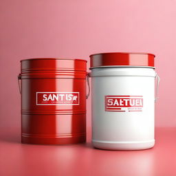 A high-quality digital art illustration of a white gallon container with the words 'Santus Sanetorias' embossed on it, placed on a vibrant red cloth