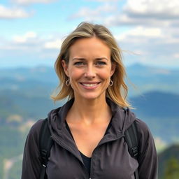 A full-length photo of a woman aged 30-45 with a natural appearance, showcasing minimal makeup and well-groomed hair