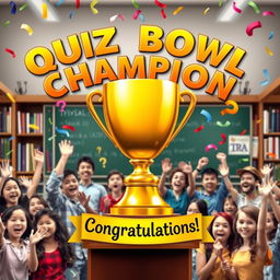 A vibrant and dynamic poster celebrating a Quiz Bowl champion, featuring a large gold trophy at the center, surrounded by colorful confetti and question marks