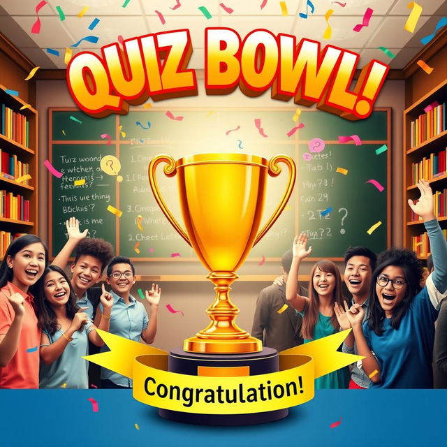 A vibrant and dynamic poster celebrating a Quiz Bowl champion, featuring a large gold trophy at the center, surrounded by colorful confetti and question marks