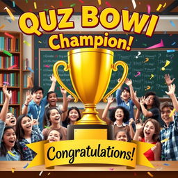 A vibrant and dynamic poster celebrating a Quiz Bowl champion, featuring a large gold trophy at the center, surrounded by colorful confetti and question marks