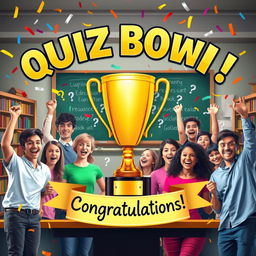 A vibrant and dynamic poster celebrating a Quiz Bowl champion, featuring a large gold trophy at the center, surrounded by colorful confetti and question marks