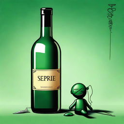 A high-quality digital art illustration of a dark green wine bottle with the word 'Sepre' embossed on it, placed beside a detailed voodoo doll