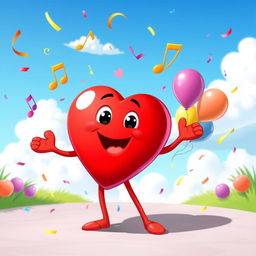 A delightful animated cartoon scene featuring a personified heart character, designed in a joyful and colorful style