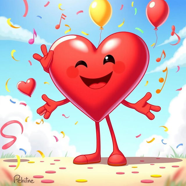 A delightful animated cartoon scene featuring a personified heart character, designed in a joyful and colorful style