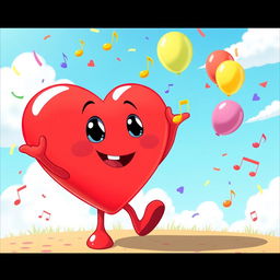 A delightful animated cartoon scene featuring a personified heart character, designed in a joyful and colorful style