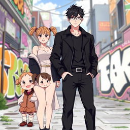 An anime-style illustration of a young man in his late 20s standing confidently, resembling a gangster
