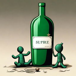 A high-quality digital art illustration of a dark green wine bottle with the word 'Sepre' embossed on it, placed beside a detailed voodoo doll