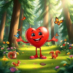 A vibrant animated cartoon scene featuring a personified heart character, joyfully standing in a lush green forest