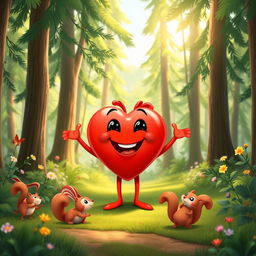 A vibrant animated cartoon scene featuring a personified heart character, joyfully standing in a lush green forest
