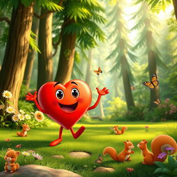 A vibrant animated cartoon scene featuring a personified heart character, joyfully standing in a lush green forest