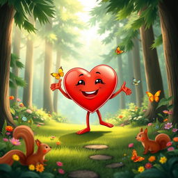 A vibrant animated cartoon scene featuring a personified heart character, joyfully standing in a lush green forest