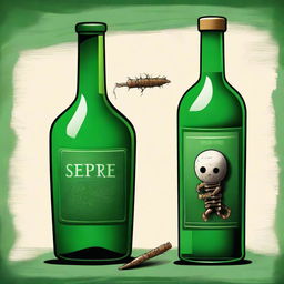 A high-quality digital art illustration of a dark green wine bottle with the word 'Sepre' embossed on it, placed beside a detailed voodoo doll