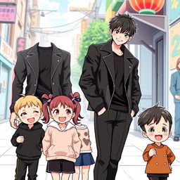An anime-style illustration of a young man in his late 20s standing with a confident and cool demeanor, reminiscent of a gangster