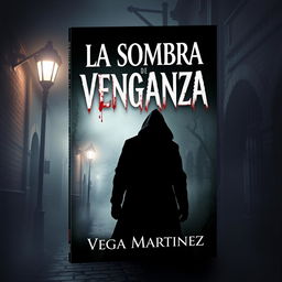 A book cover design for 'LA SOMBRA DE LA VENGANZA' by Vega Martinez, featuring a mysterious and dark atmosphere