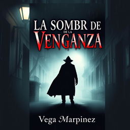 A book cover design for 'LA SOMBRA DE LA VENGANZA' by Vega Martinez, featuring a mysterious and dark atmosphere