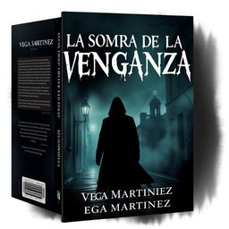 A book cover design for 'LA SOMBRA DE LA VENGANZA' by Vega Martinez, featuring a mysterious and dark atmosphere