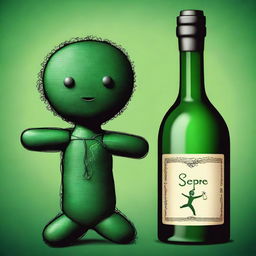 A high-quality digital art illustration of a dark green wine bottle with the word 'Sepre' embossed on it, placed beside a detailed voodoo doll