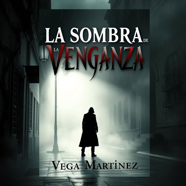 A book cover design for 'LA SOMBRA DE LA VENGANZA' by Vega Martinez, featuring a mysterious and dark atmosphere